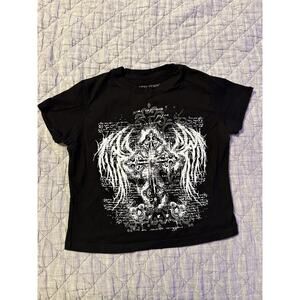 Hot Topic Gothic Cross Wing Skull Rhinestone Tee Small Black Emo Alt Rock Y2K